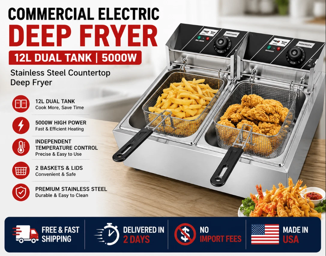 5000W 12 L Electric Deep Fryer Portable Dual Tank Basket Commercial Restaurant