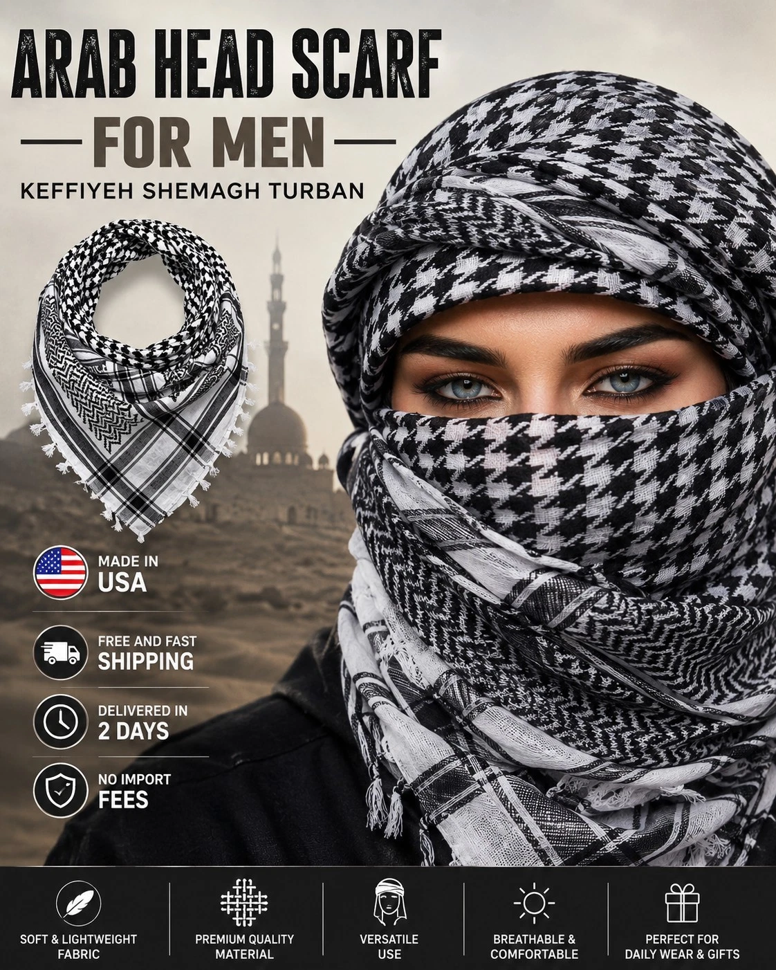 Arab Head Scarf for Men – Keffiyeh Shemagh Turban