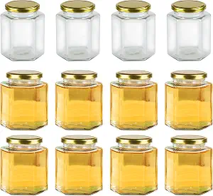 12 Pack 16 oz Hexagon Glass Jars with Gold Lids – Honey, Jam & Spice Storage