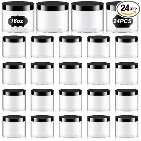 24 Pack 16 oz Clear PET Cosmetic Jars with Black Lids and Labels Wide Mouth