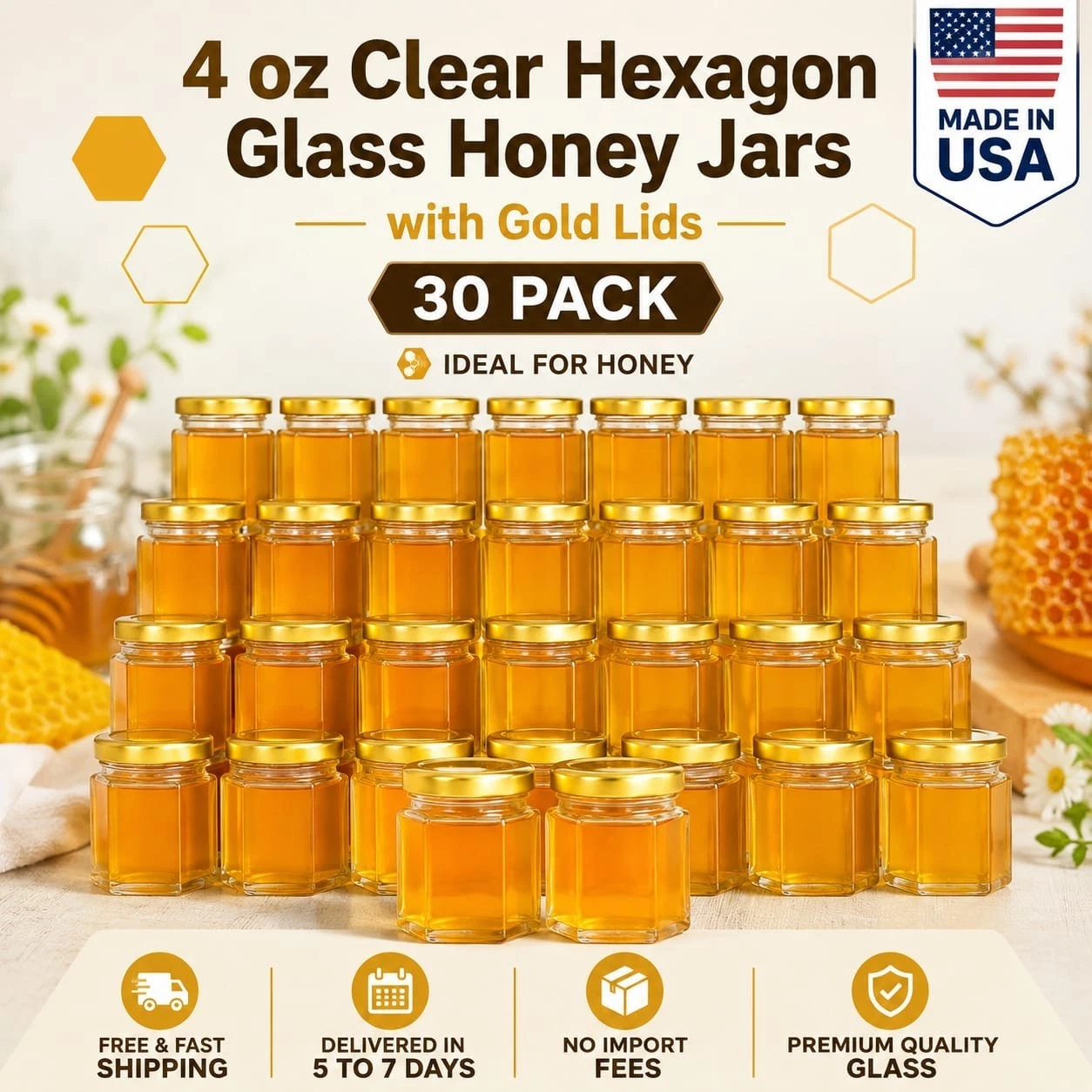 **4 oz Clear Hexagon Glass Honey Jars with Gold Lids – 30 Pack | Ideal for Honey