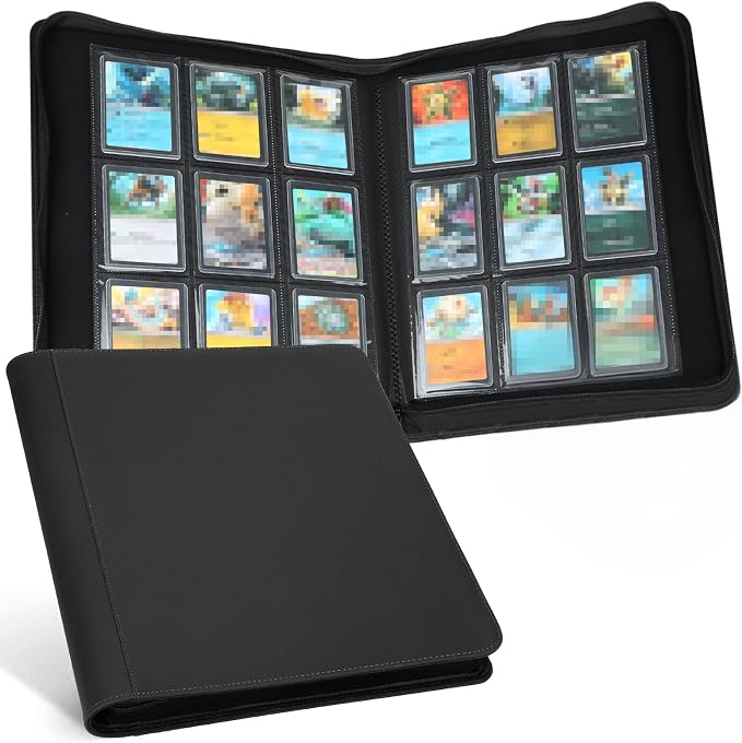 Toploader Storage Binder 9 Pocket Ringless Side Loading, Fits 288 Standard 3"×4" Hard Top Loaders, PU Fixed Page Zipper Card Album for TCG Sports Cards - Black