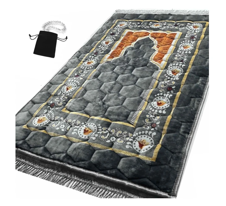 Islamic Prayer Mat with 33 Prayer Beads – Grey