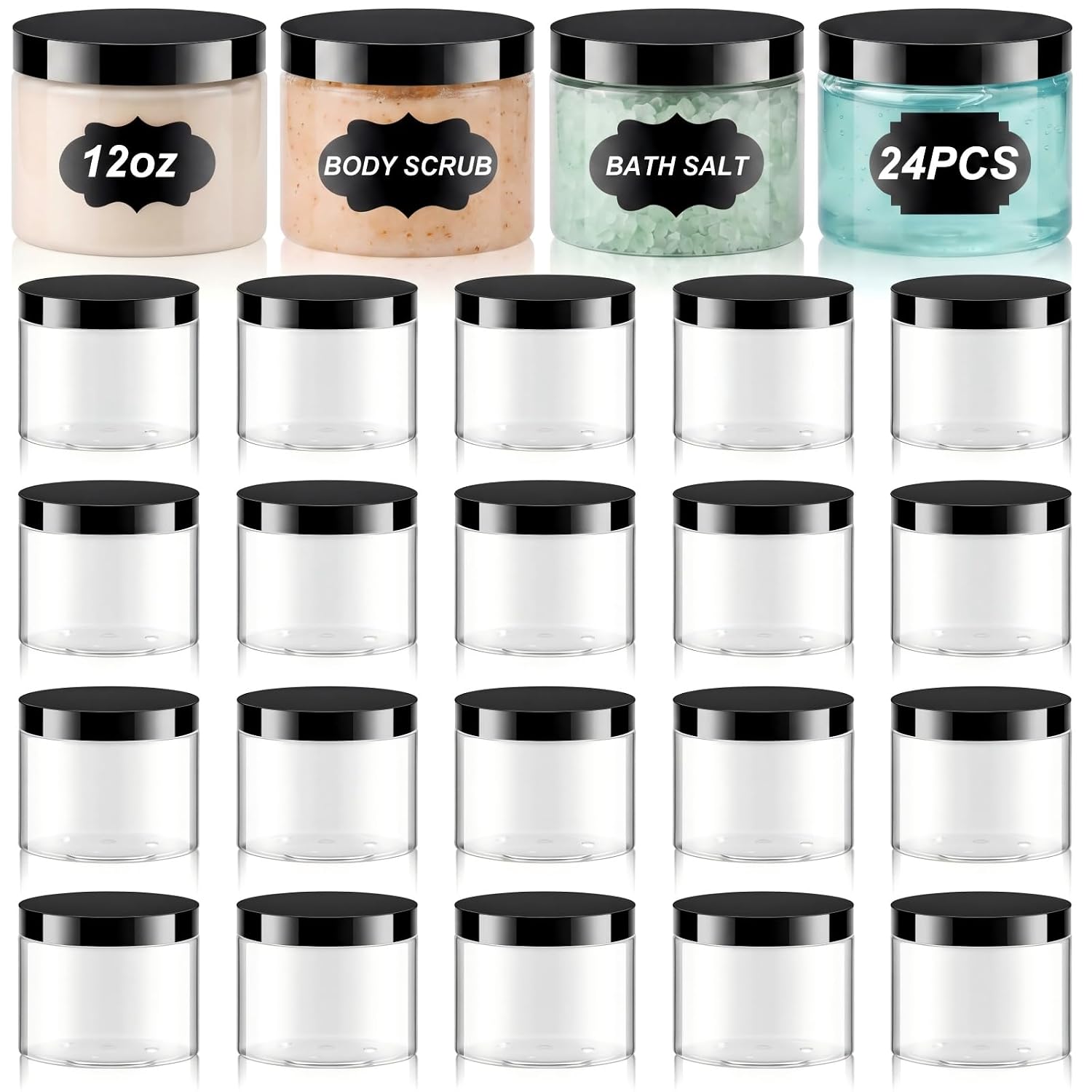 24 Pack 12 oz Clear Cosmetic Jars with Black Lids and Labels for Hair Masks
