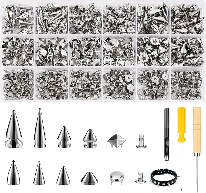 Craluuur 455 Piece Studs and Spikes Kit for Clothing, Punk Metal Stud Kit